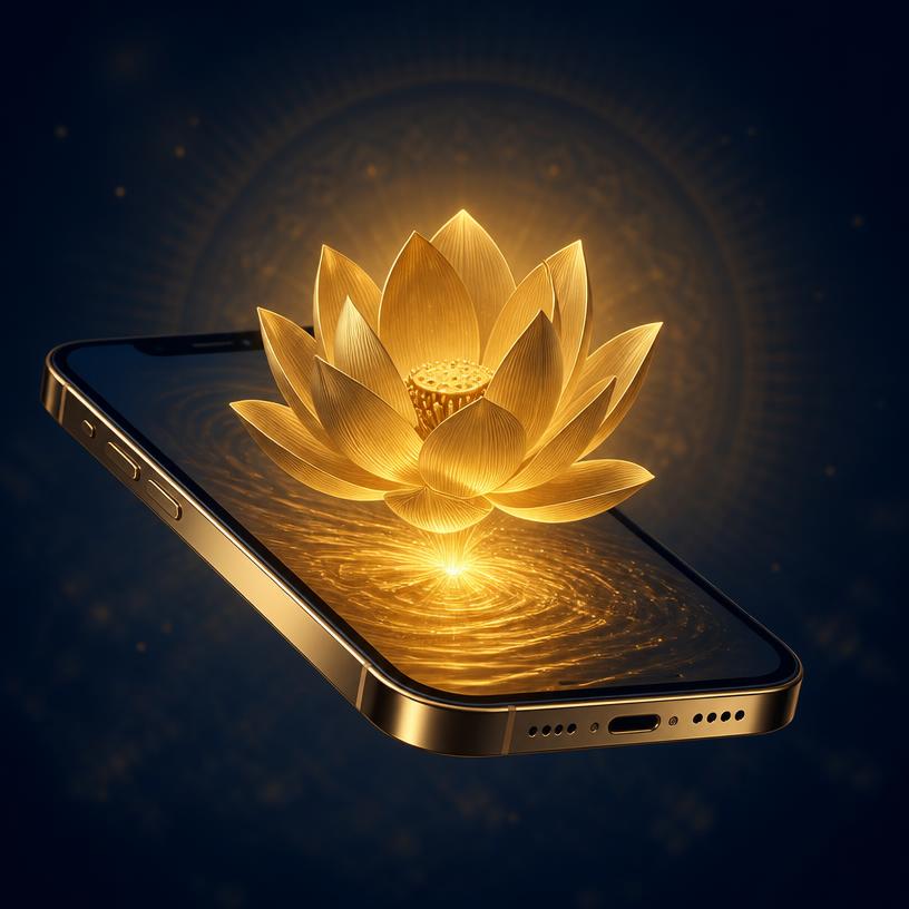 Golden lotus rising from an iPhone screen
