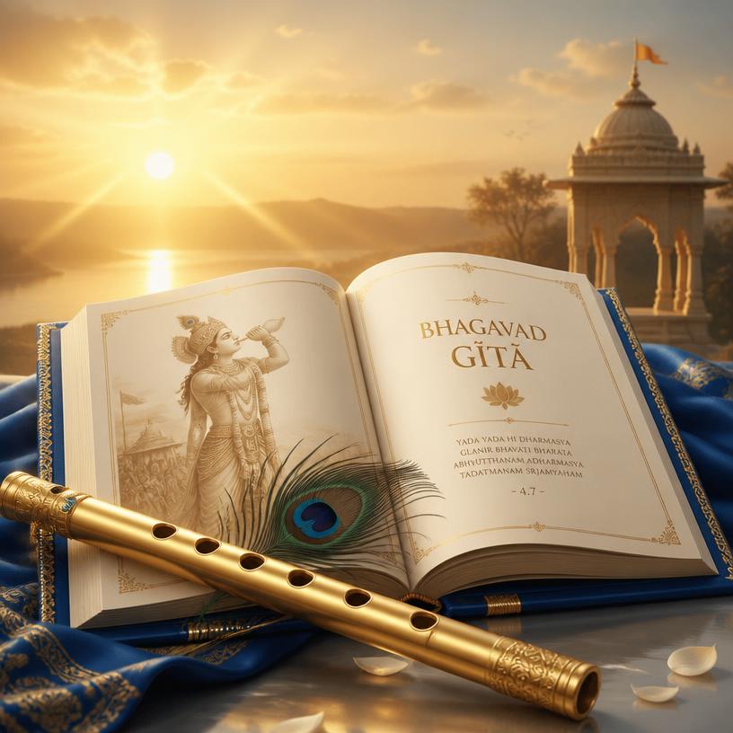 Golden flute resting on the Bhagavad Gita with a peacock feather