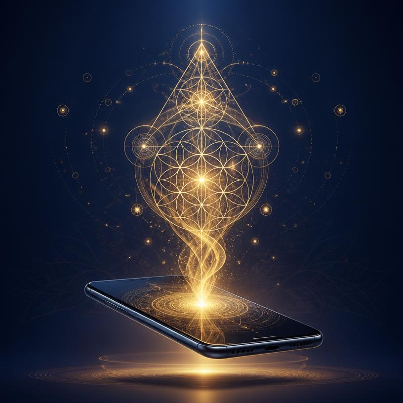 Golden sacred geometry rising from an Android phone