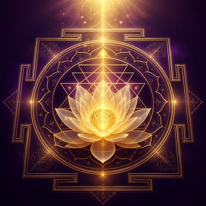Golden yantra with a luminous lotus